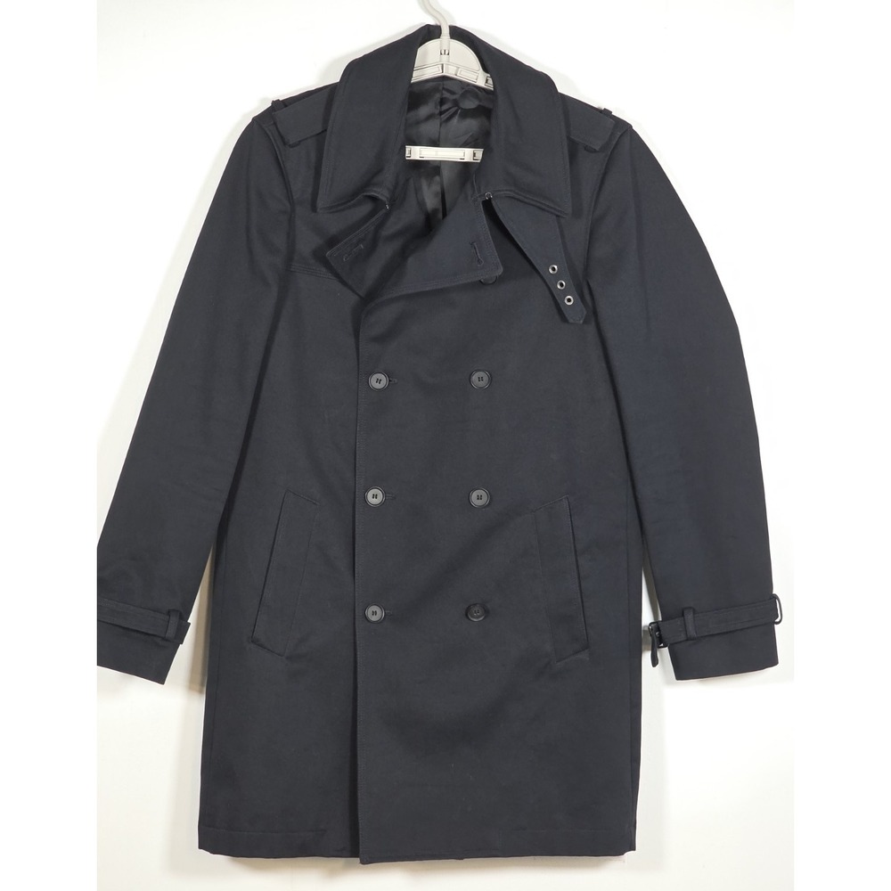 Kooples Mens 46 Black Gabardine Trench Coat Jacket Belted Double Breasted Luxe
